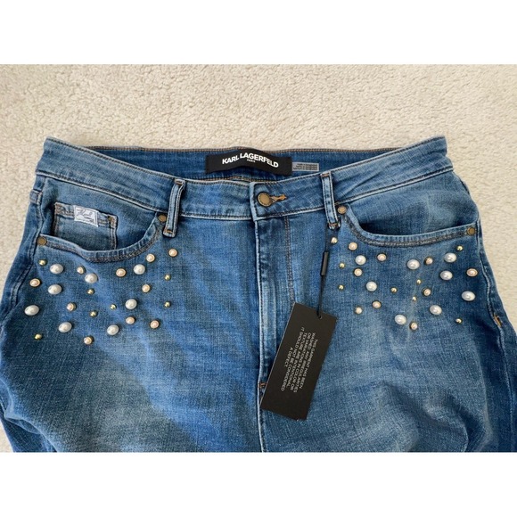 KARL LAGERFELD PARIS High Rise Embellished Skinny Jeans Coastal Blue Wash 16 New
